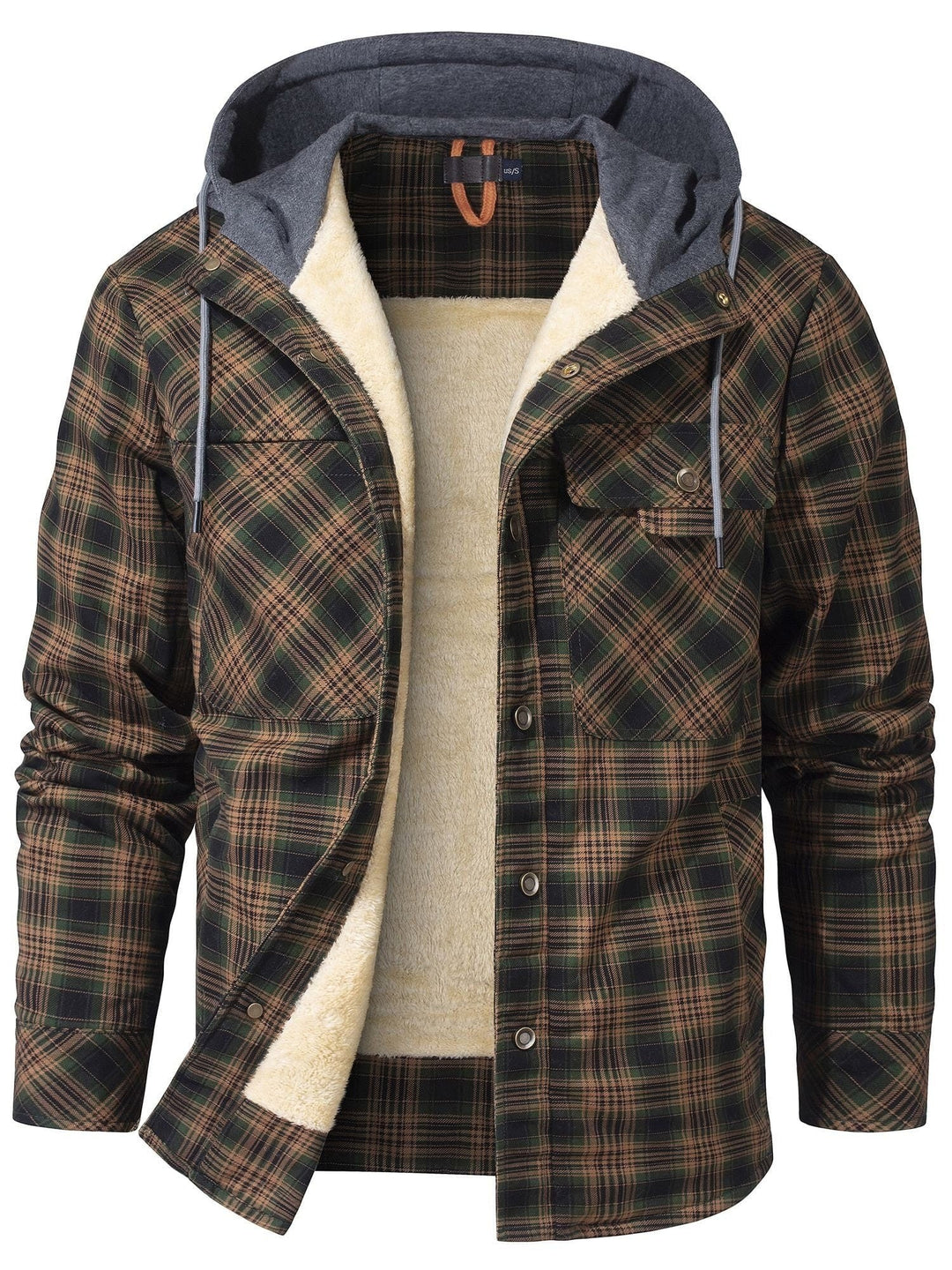 Grün-braun karierte Hemdjacke mit grauer Kapuze und Fellfutter