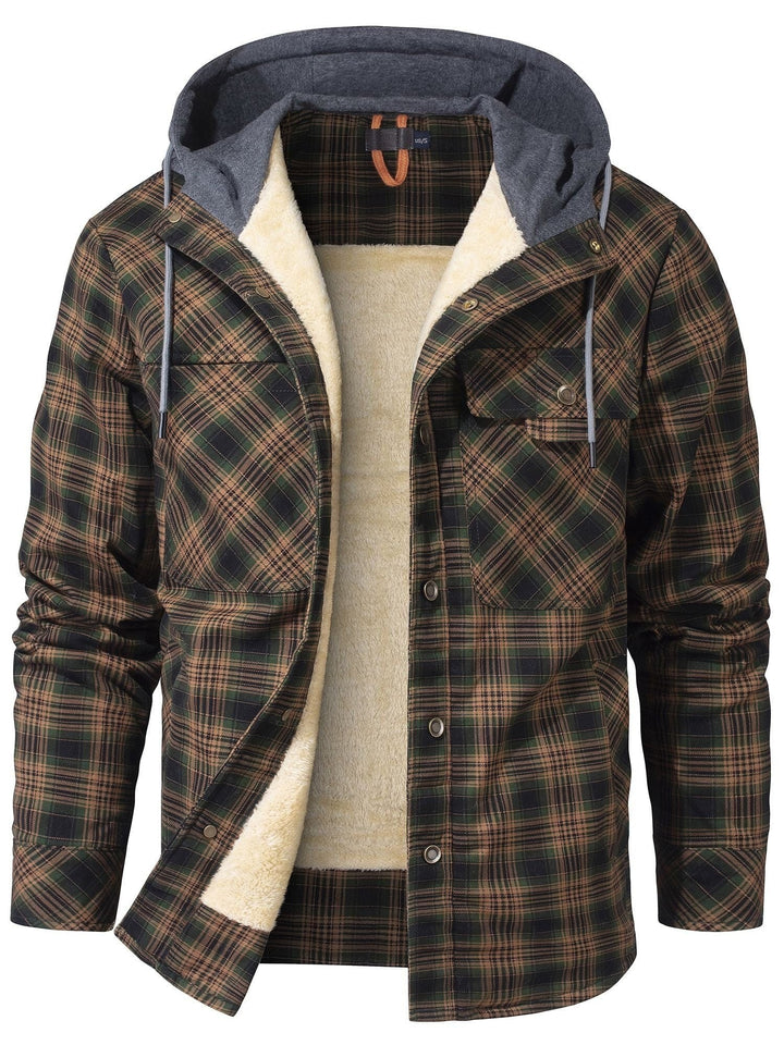 Grün-braun karierte Hemdjacke mit grauer Kapuze und Fellfutter