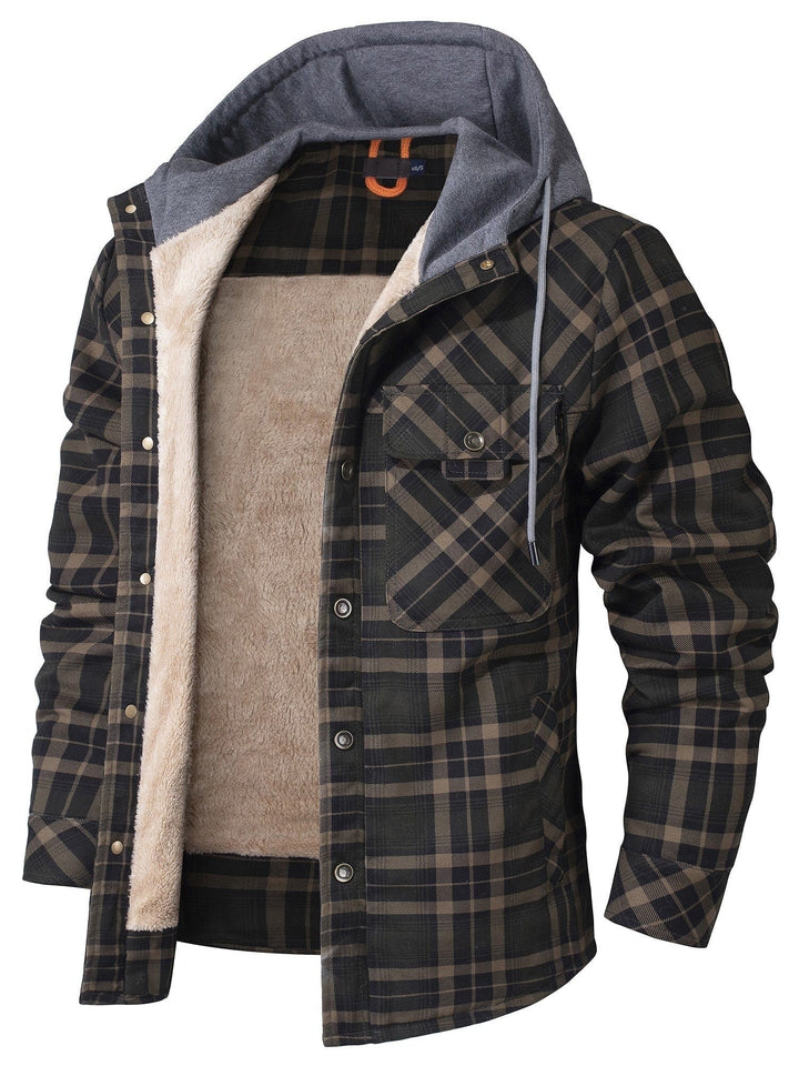 Karierte Hemdjacke oliv-braun mit Kapuze und kuscheligem Innenfutter