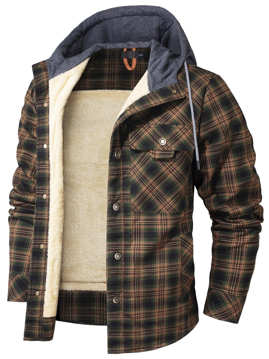 Hemdjacke grün-braun kariert mit Kapuze und warmem Teddyfutter