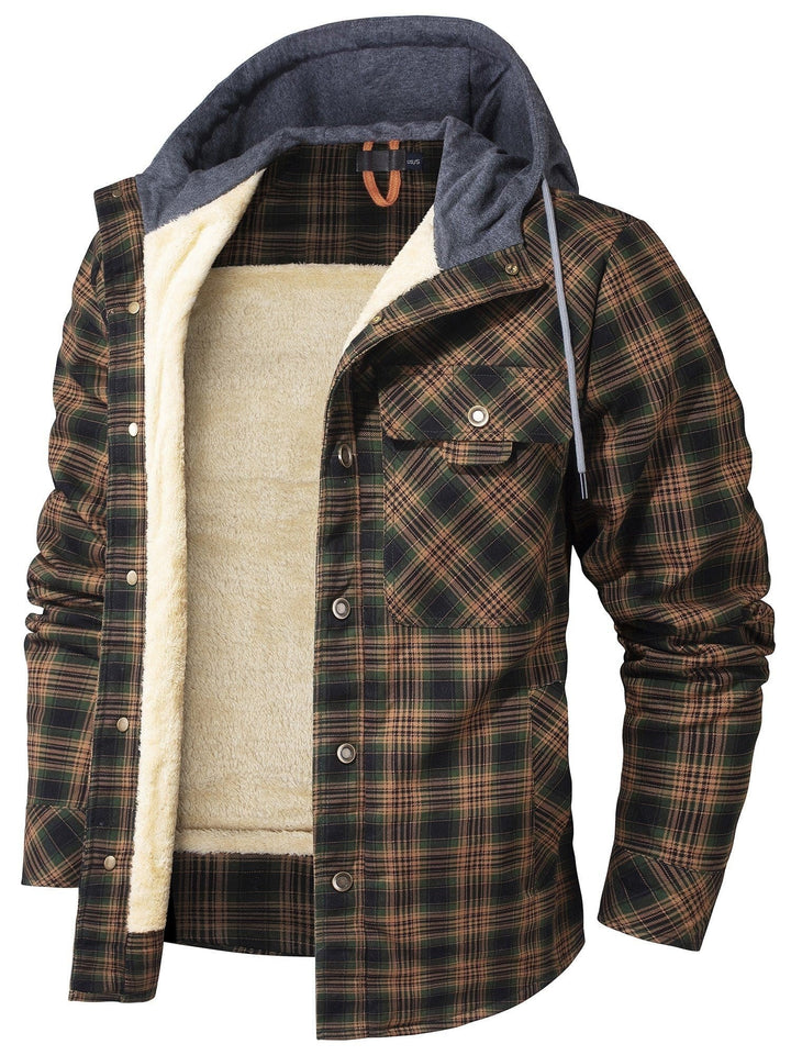 Hemdjacke grün-braun kariert mit Kapuze und warmem Teddyfutter