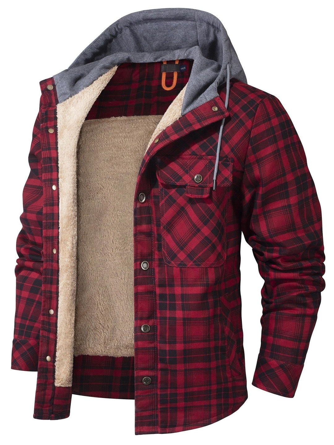 Flanellhemdjacke rot-schwarz kariert mit Kapuze und Fellfutter