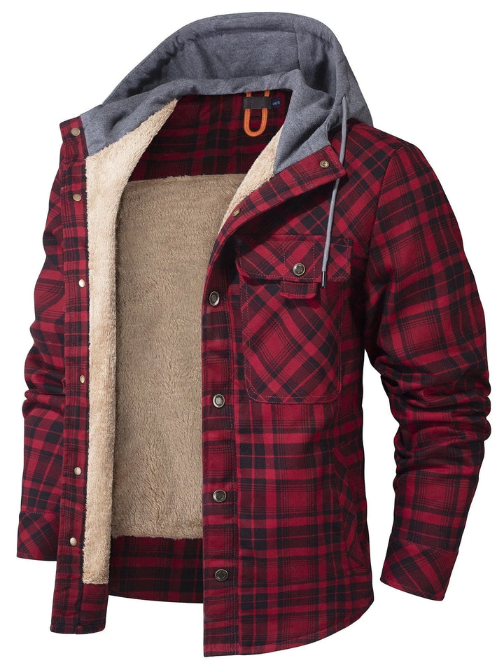 Flanellhemdjacke rot-schwarz kariert mit Kapuze und Fellfutter