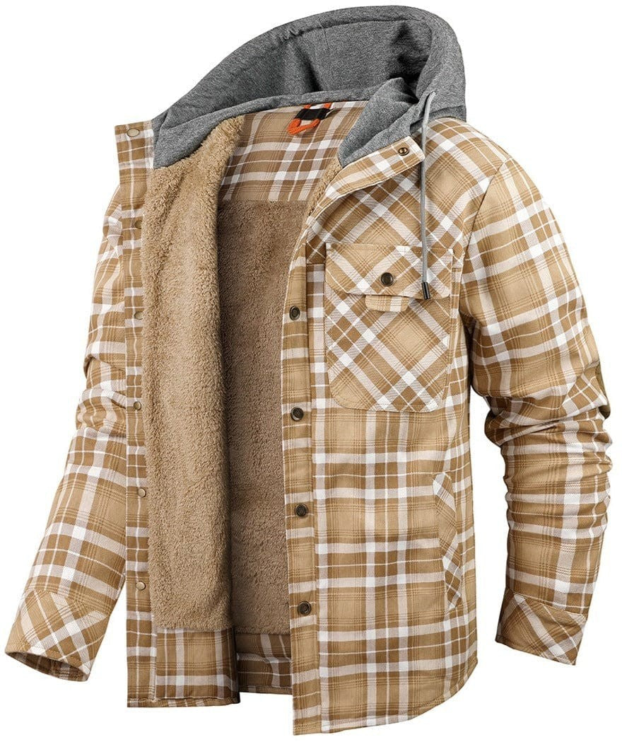 Karierte Hemdjacke beige-braun mit Kapuze und flauschigem Futter