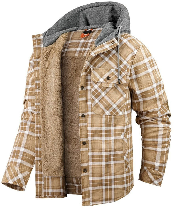 Karierte Hemdjacke beige-braun mit Kapuze und flauschigem Futter