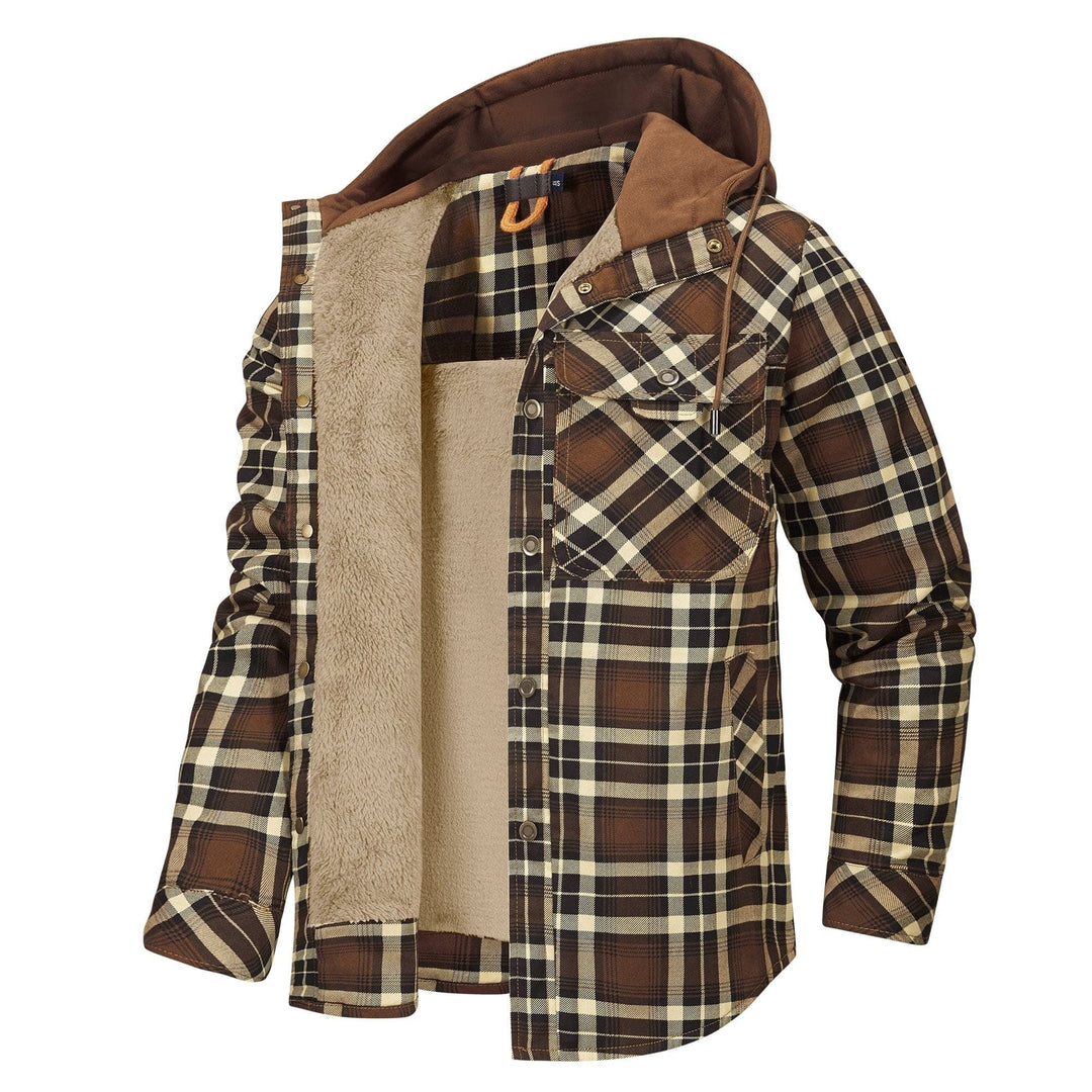 Braun-karierte Hemdjacke mit Kapuze und cremefarbenem Teddyfutter