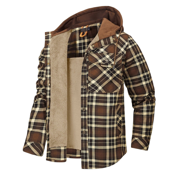 Braun-karierte Hemdjacke mit Kapuze und cremefarbenem Teddyfutter