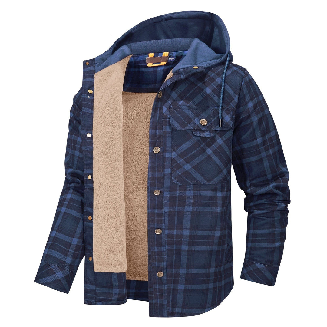 Marineblaue karierte Hemdjacke mit Kapuze und warmem Futter