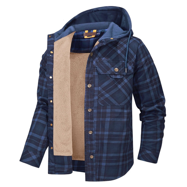 Marineblaue karierte Hemdjacke mit Kapuze und warmem Futter