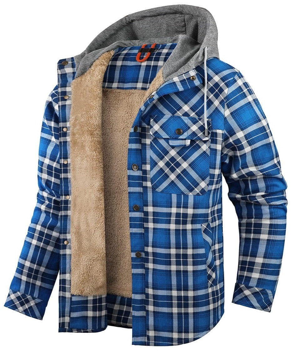 Blaue karierte Fleecejacke mit Kapuze und beigem Innenfutter
