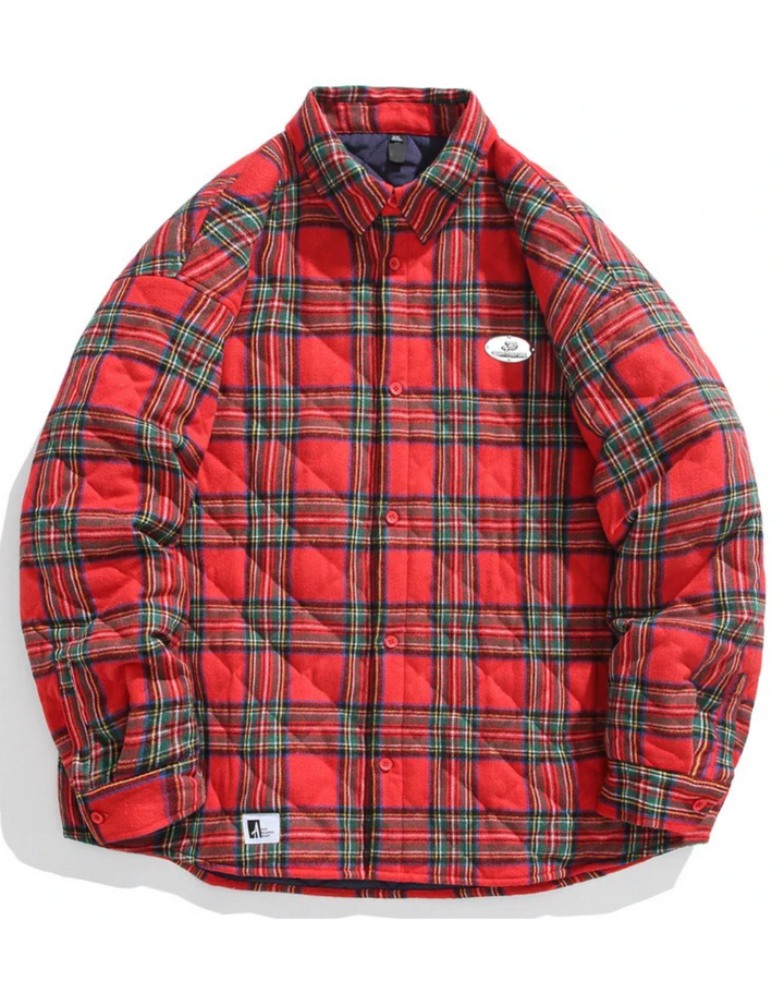 Rote gepolsterte Hemdjacke mit Karomuster und Rautensteppung im Vintage-Look