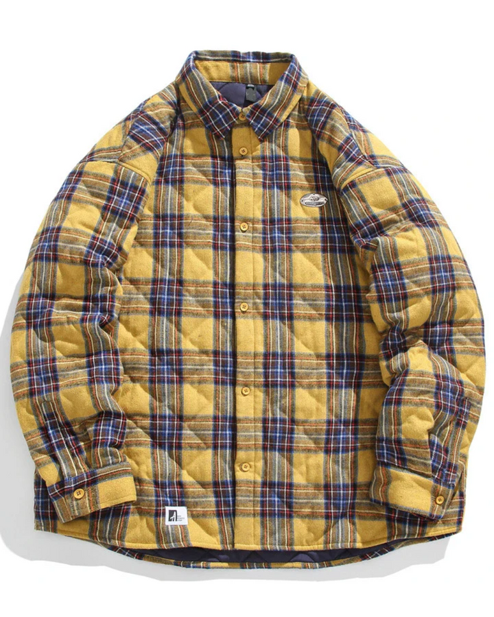 Gelbe gesteppte Hemdjacke mit Karomuster, Knopfleiste und Vintage-Optik