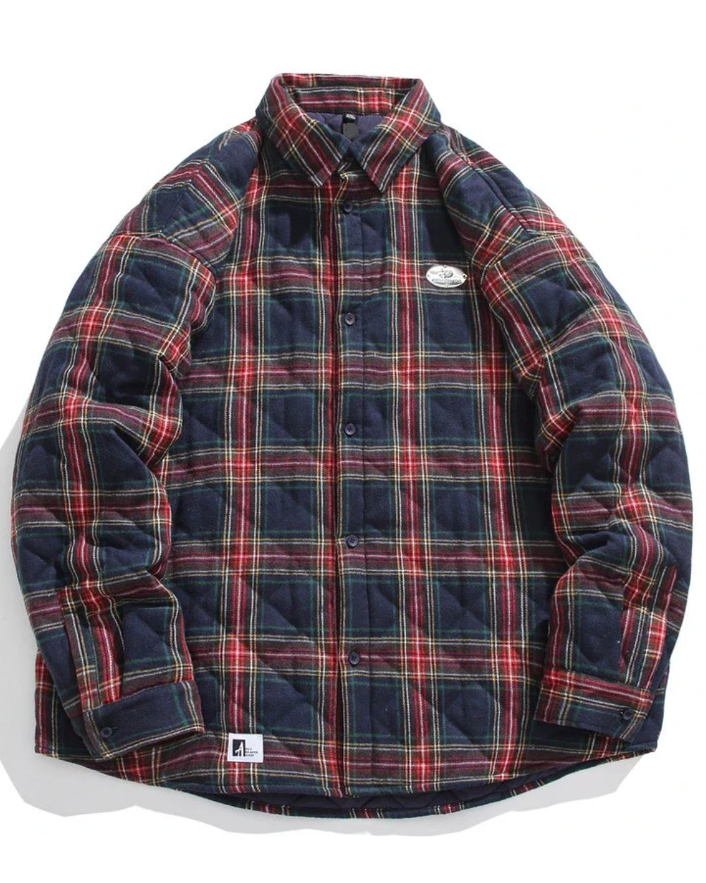 Dunkelblaue Hemdjacke mit rot-grünem Karomuster und Rautensteppung