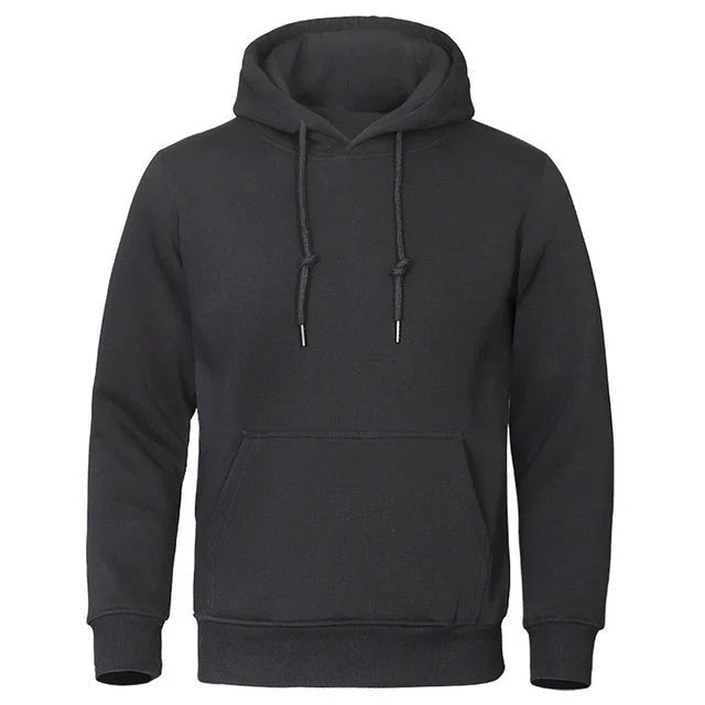 Schwarzer Herren Kapuzenpullover mit Kordelzug und Kängurutasche, Vorderansicht