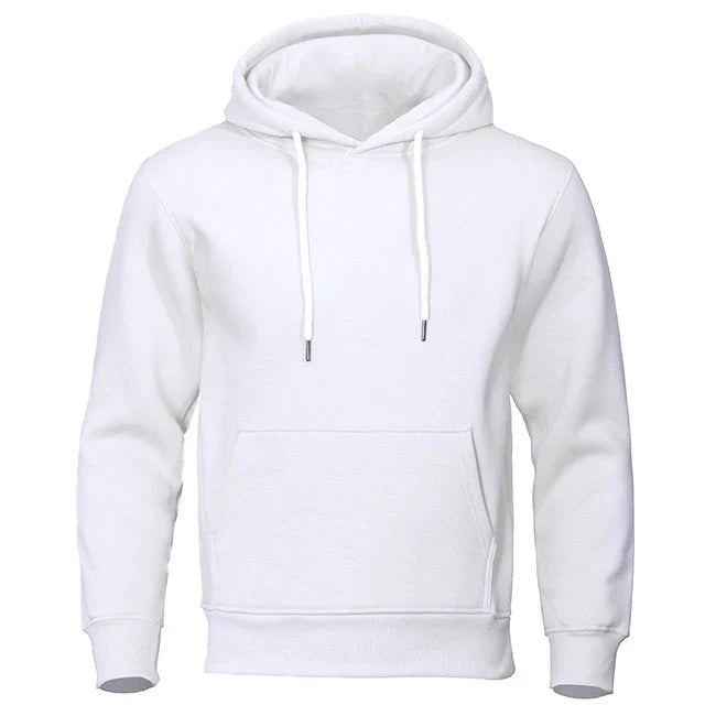 Weißer Herren Hoodie mit Kängurutasche und Rippbündchen, Vorderansicht