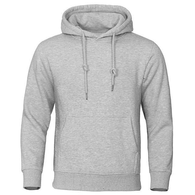 Graumelierter Kapuzenpullover mit Kordelzug, Frontansicht auf weißem Hintergrund