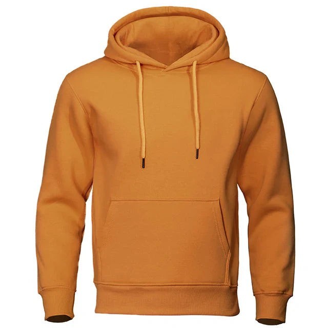 Senffarbener Kapuzenpullover mit Kordelzug und Rippbündchen, Frontansicht