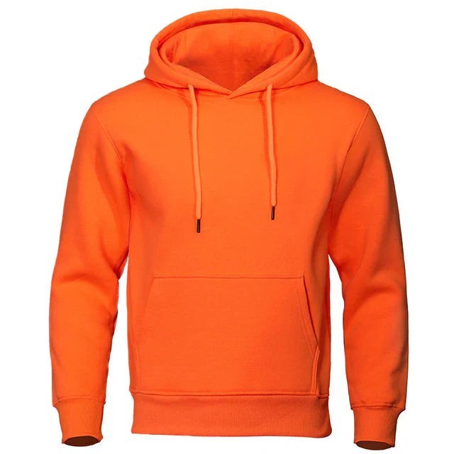 Leuchtend orangefarbener Hoodie mit Kapuze und Kängurutasche, Vorderansicht