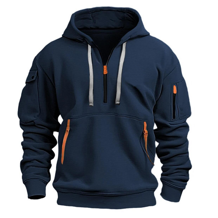 Herren Hoodie dunkelblau mit kurzem Reißverschluss und orangefarbenen Zipper-Details