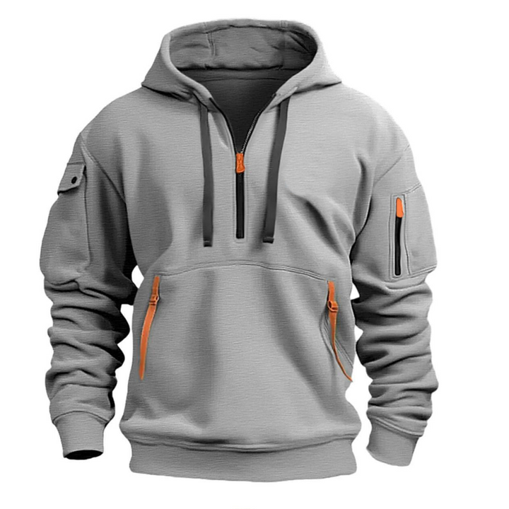 Grauer Herren Hoodie mit Kapuze, Zip-Taschen und orangefarbenen Akzenten