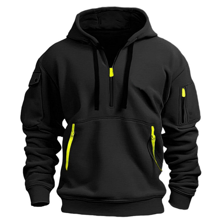 Schwarzer Herren Hoodie mit kurzem Reißverschluss und neongelben Kontrastdetails