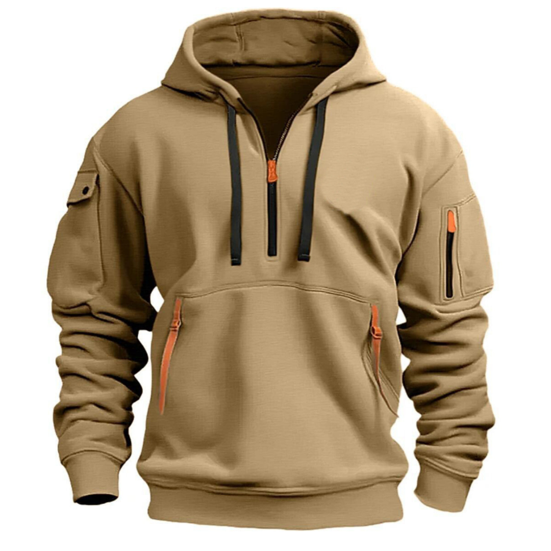 Beige Herren Hoodie mit Kapuze, Cargo-Ärmeltasche und orangefarbenem Reißverschluss