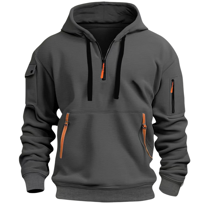 Anthrazitfarbener Herren Hoodie mit Kapuze und braunen Lederriemen an den Taschen
