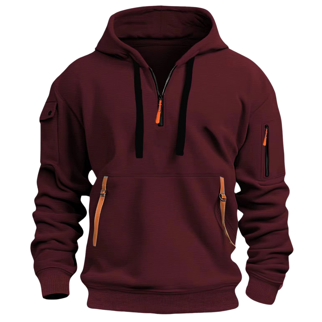 Weinroter Herren Hoodie mit kurzem Reißverschluss und orangefarbenen Zipper-Akzenten