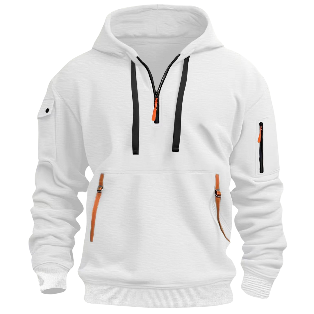 Weißer Herren Hoodie mit Kapuze, Zip-Taschen und braunen Lederdetails