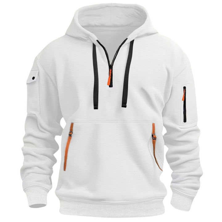 Weißer Herren Hoodie mit Kapuze, Zip-Taschen und braunen Lederdetails