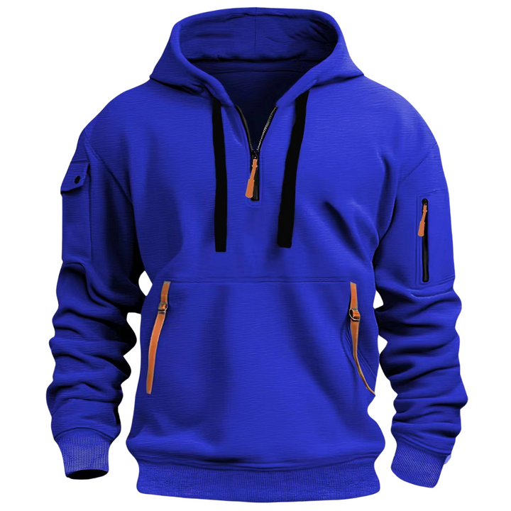 Blauer Herren Hoodie mit kurzem Reißverschluss und kontrastfarbenen Taschendetails