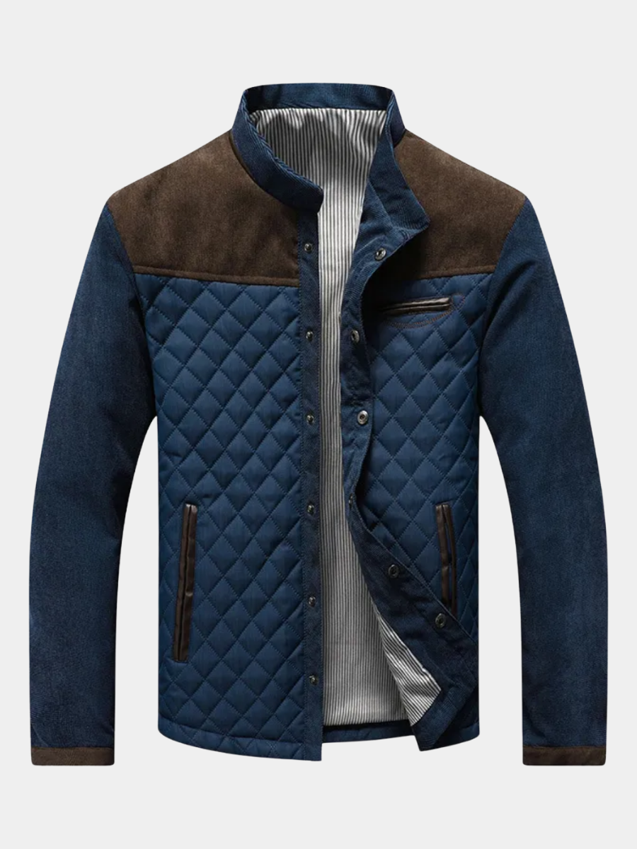 Herrenjacke dunkelblau mit Stehkragen, brauen Kontrastpaneelen und Diamantsteppung