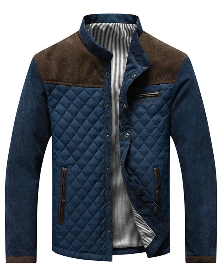 Steppjacke für Herren in Navy mit braunem Schulterbesatz und Stehkragen