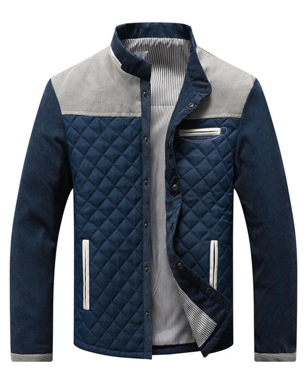 Herrenjacke marineblau mit grauen Schulterpaneelen und diamantgesteppter Vorderseite