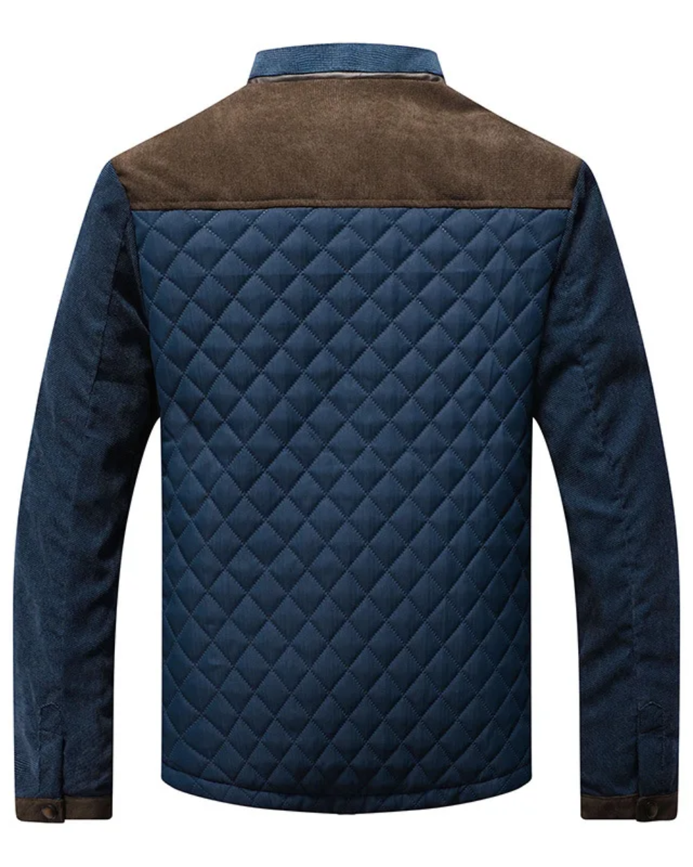 Rückenansicht einer marineblauen Herrenjacke mit brauner Schulterpartie und Rautensteppung