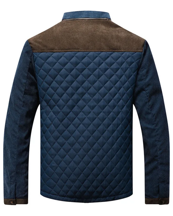 Rückenansicht einer marineblauen Herrenjacke mit brauner Schulterpartie und Rautensteppung