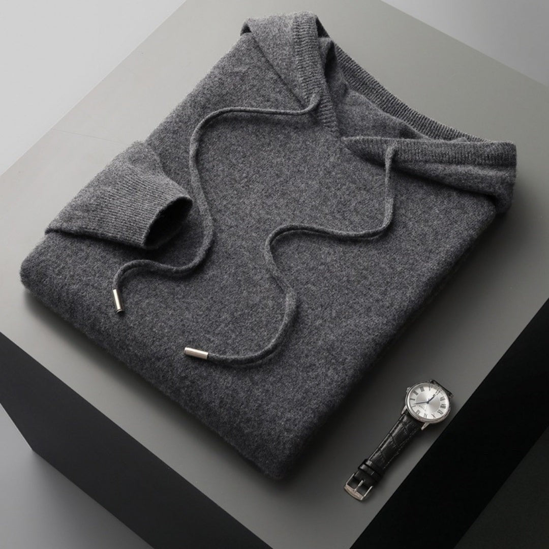 Anthrazitgrauer Strickhoodie gefaltet mit Kapuze, Kordelzug und Uhr