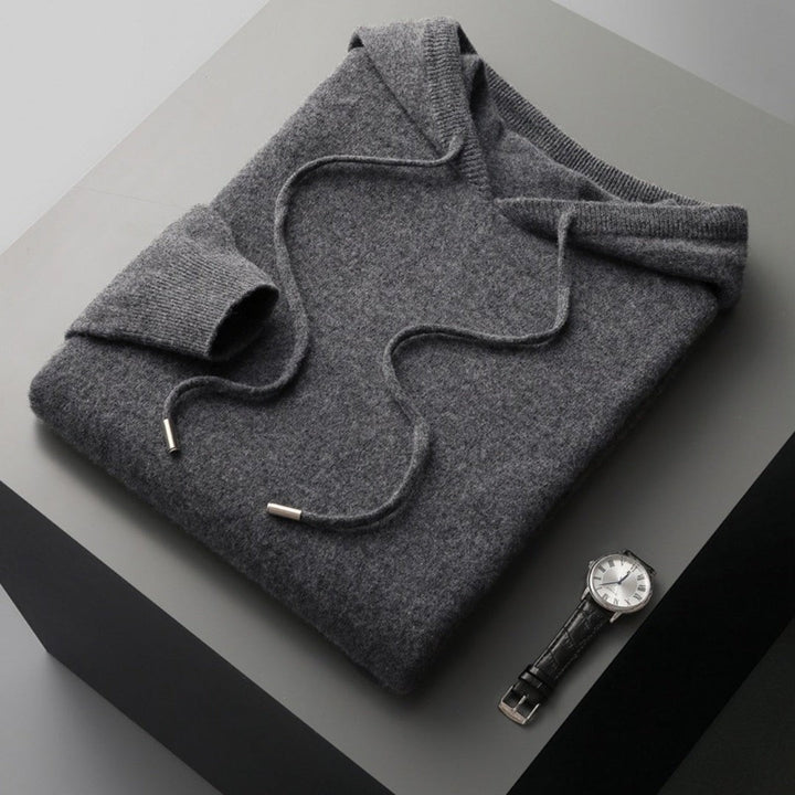 Anthrazitgrauer Strickhoodie gefaltet mit Kapuze, Kordelzug und Uhr