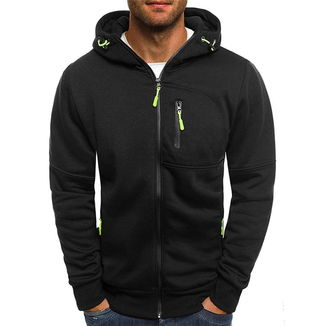 Schwarze Herren-Kapuzenjacke mit Reißverschluss und grünen Zipper-Details