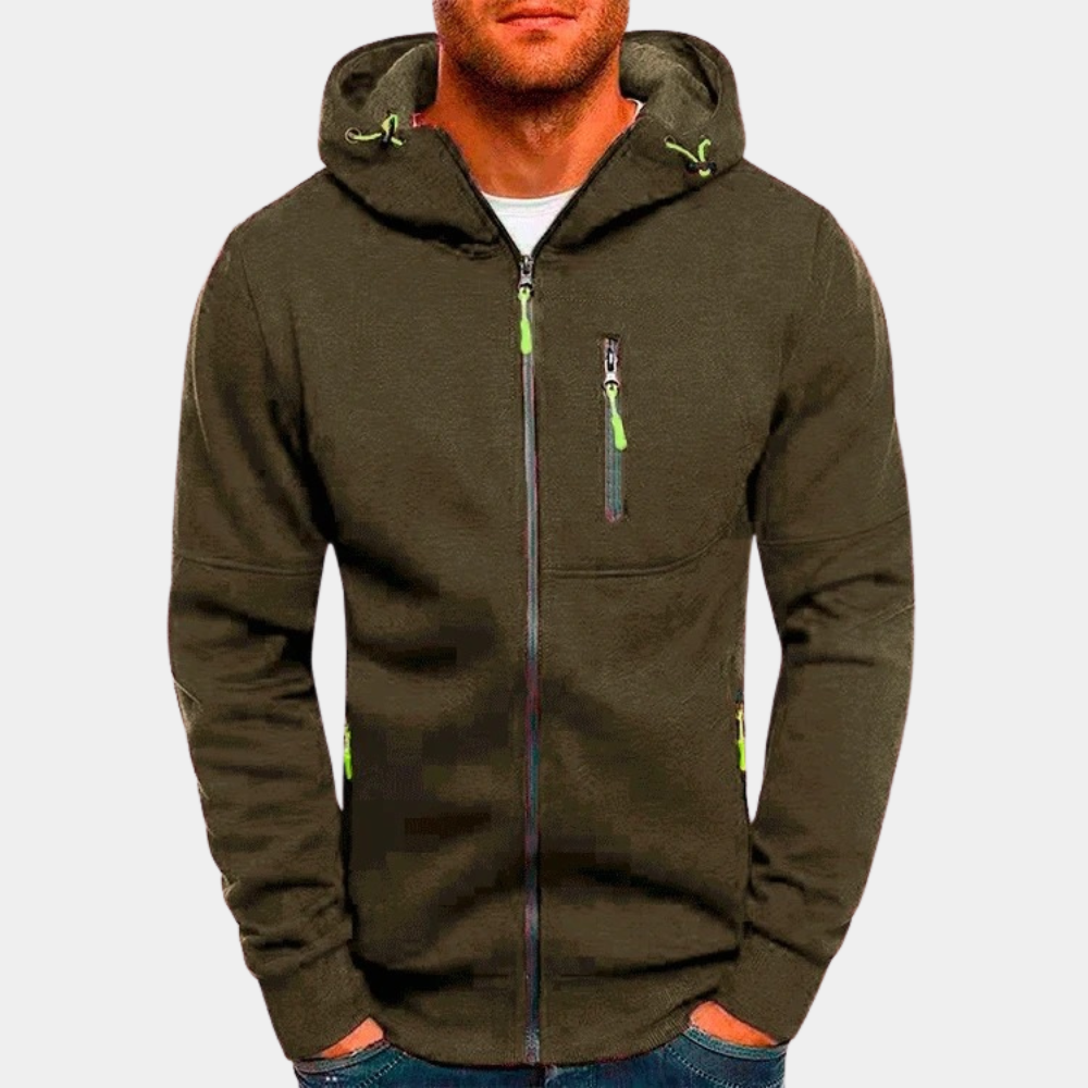 Olivgrüne Herren-Kapuzenjacke mit Reißverschluss und Seitentaschen