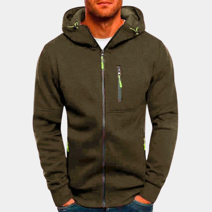 Olivgrüne Herren-Kapuzenjacke mit Reißverschluss und Seitentaschen