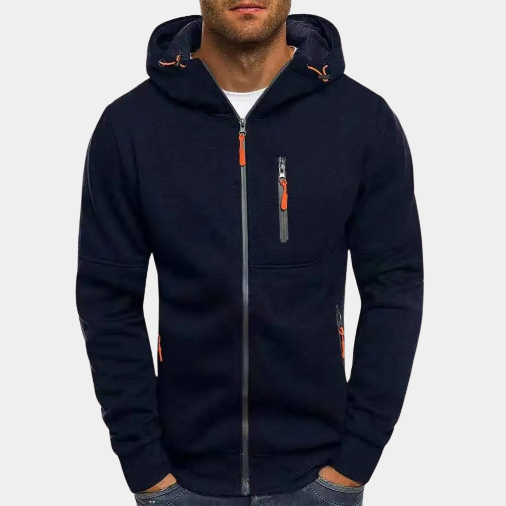 Dunkelblaue Zip-Hoodie mit Kapuze und orangen Reißverschluss-Details