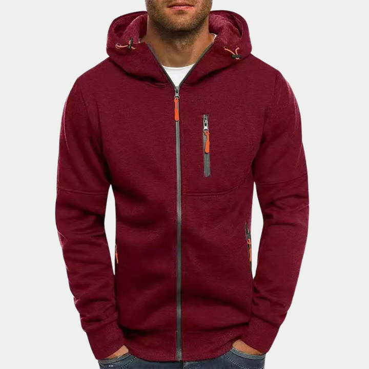 Weinrote Herren-Kapuzenjacke mit Reißverschluss und Brusttasche
