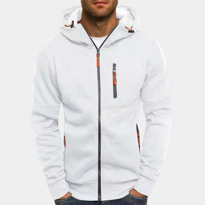 Weiße Sweatjacke mit Kapuze und orangefarbenen Reißverschluss-Akzenten
