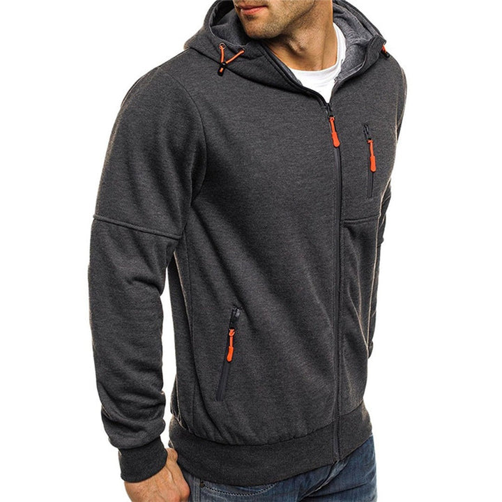 Seitenansicht anthrazitfarbener Zip-Hoodie mit Kontrast-Reißverschlüssen