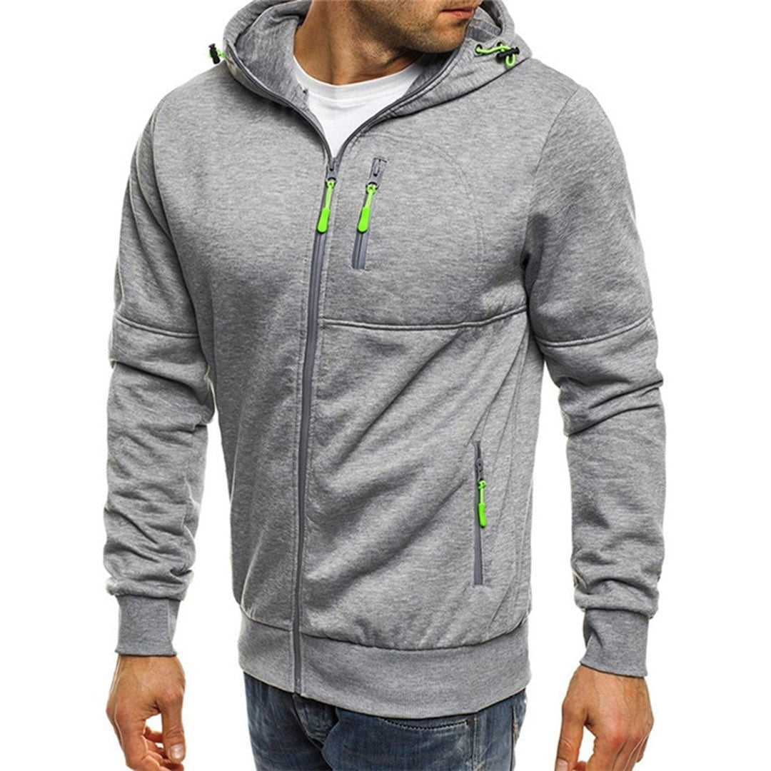 Hellgraue Herren-Kapuzenjacke mit grünen Reißverschluss-Details