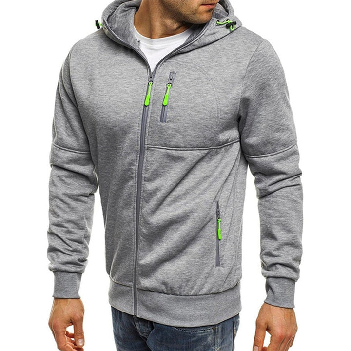 Hellgraue Herren-Kapuzenjacke mit grünen Reißverschluss-Details