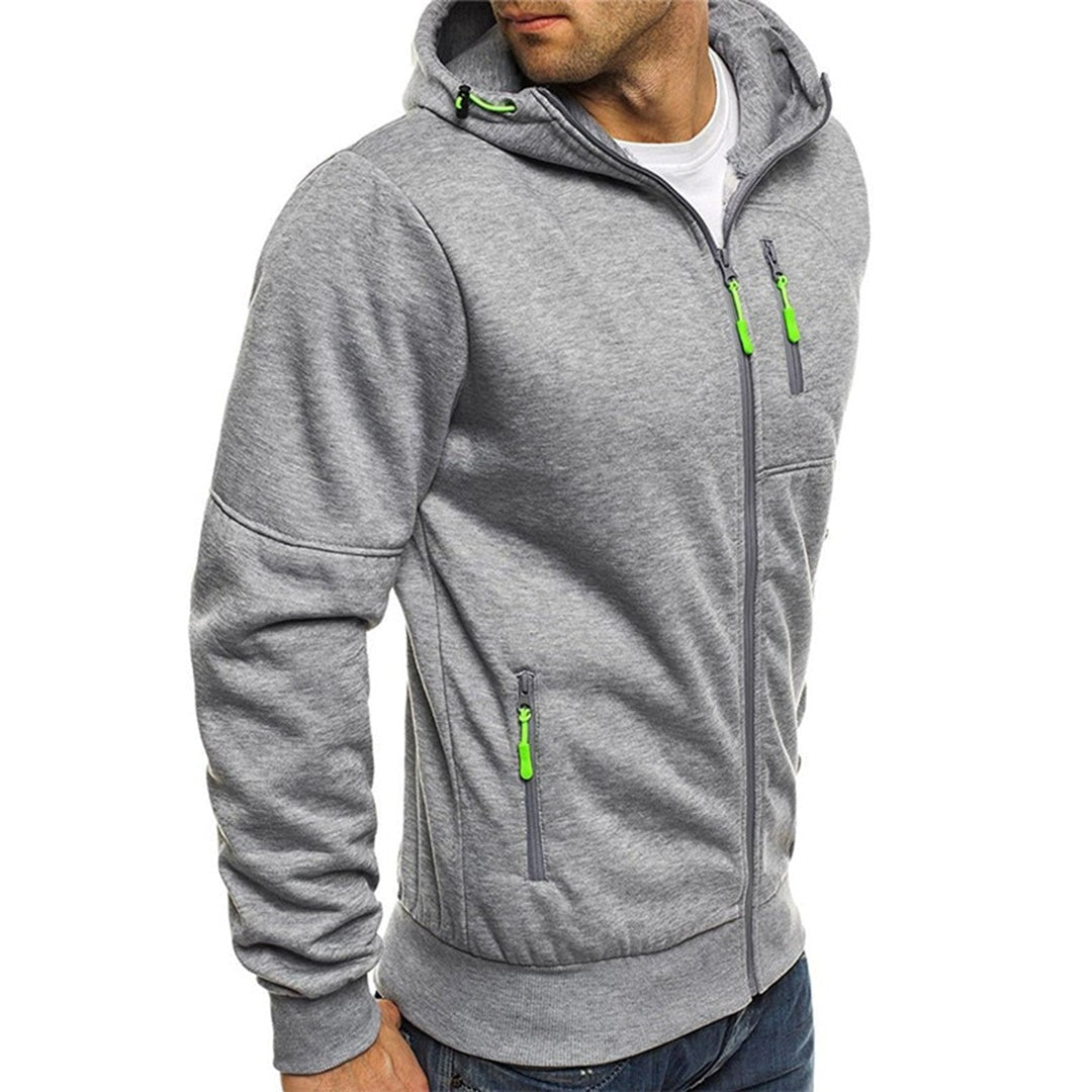 Seitenansicht hellgraue Sweatjacke mit Kapuze und Brusttasche