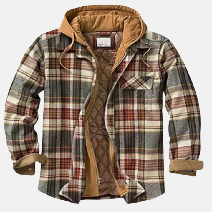 Herren Flanelljacke beige-rot kariert mit Kapuze und Umschlagärmeln