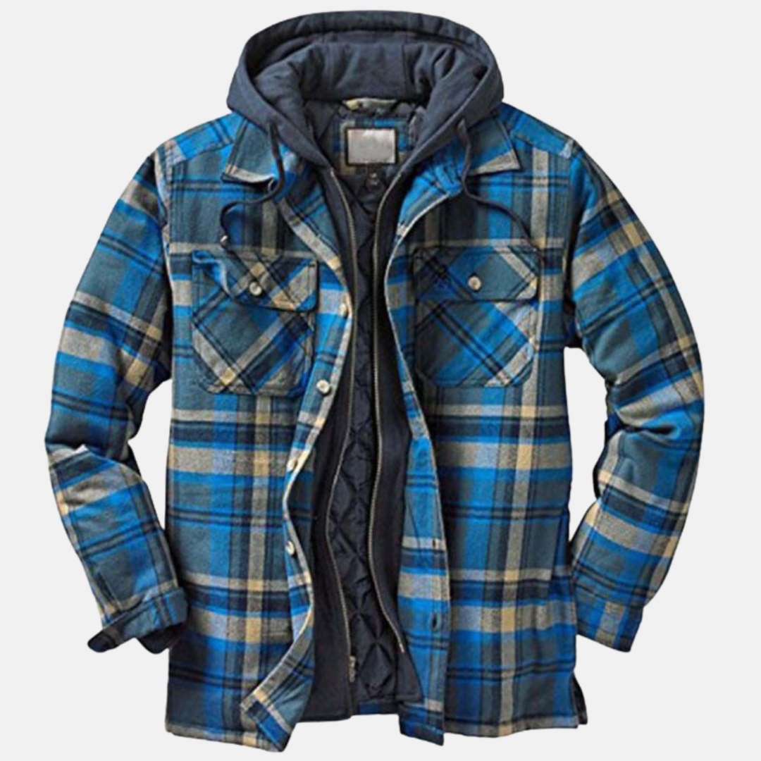 Karierte Hemdjacke Blau mit dunkler Kapuze und Brusttaschen